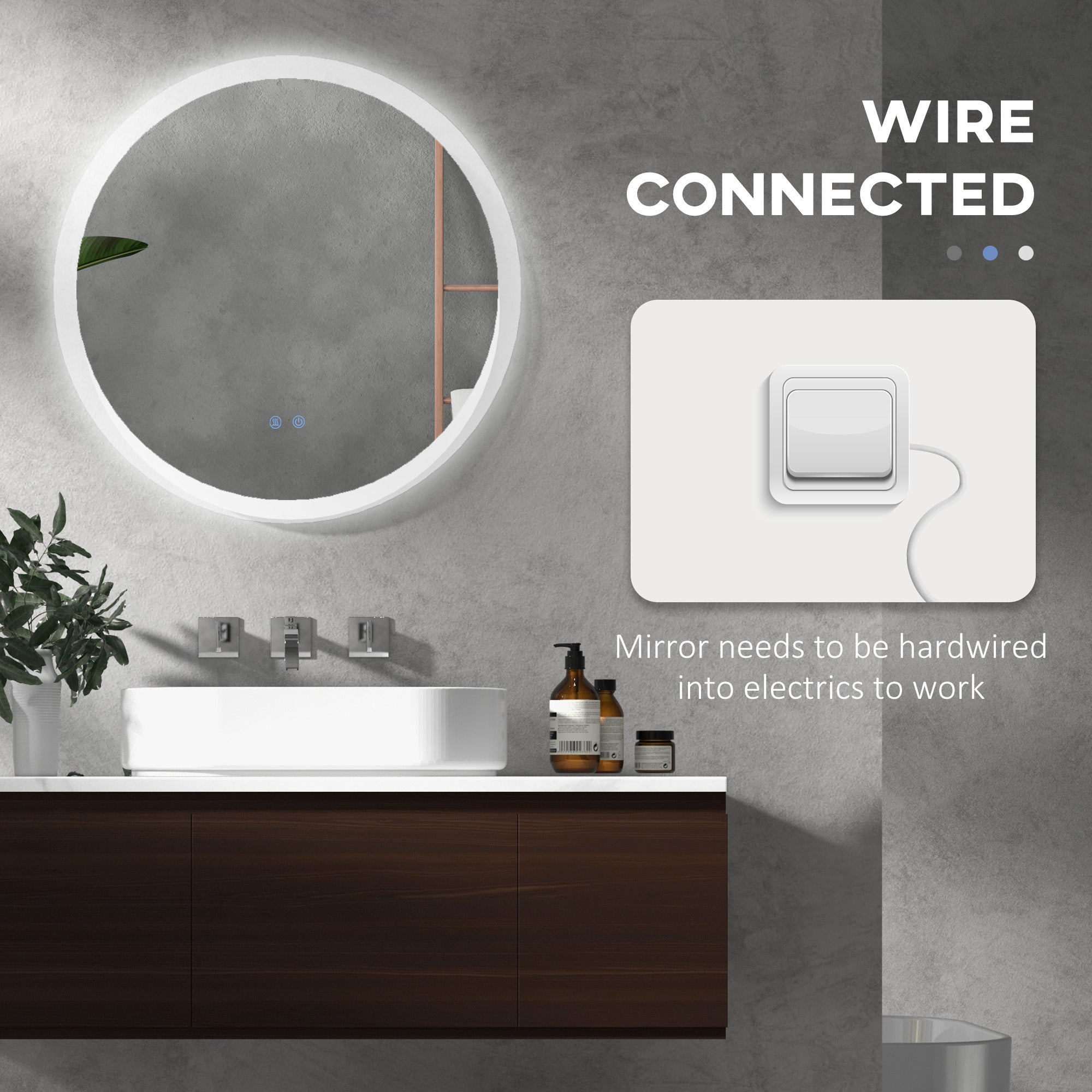 kleankin Round Bathroom Mirror with LED Lights, Wall-Mounted Dimmable Makeup Mirror with 3 Temperature Colours, Defogging Film, Memory Function, Hardwired, 70 x 70Â cm